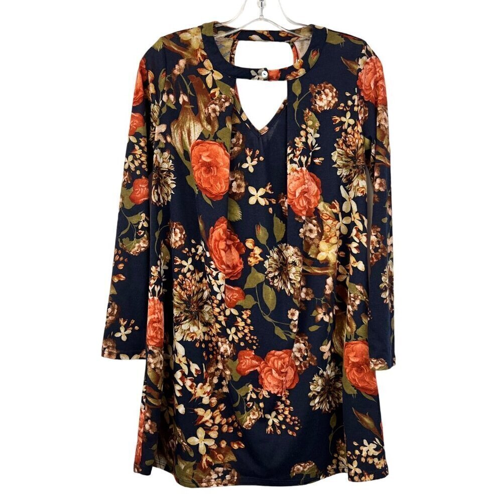 Peach Love Women’s Long Sleeve Shift Dress Keyhole Blue/Multi Floral Print S